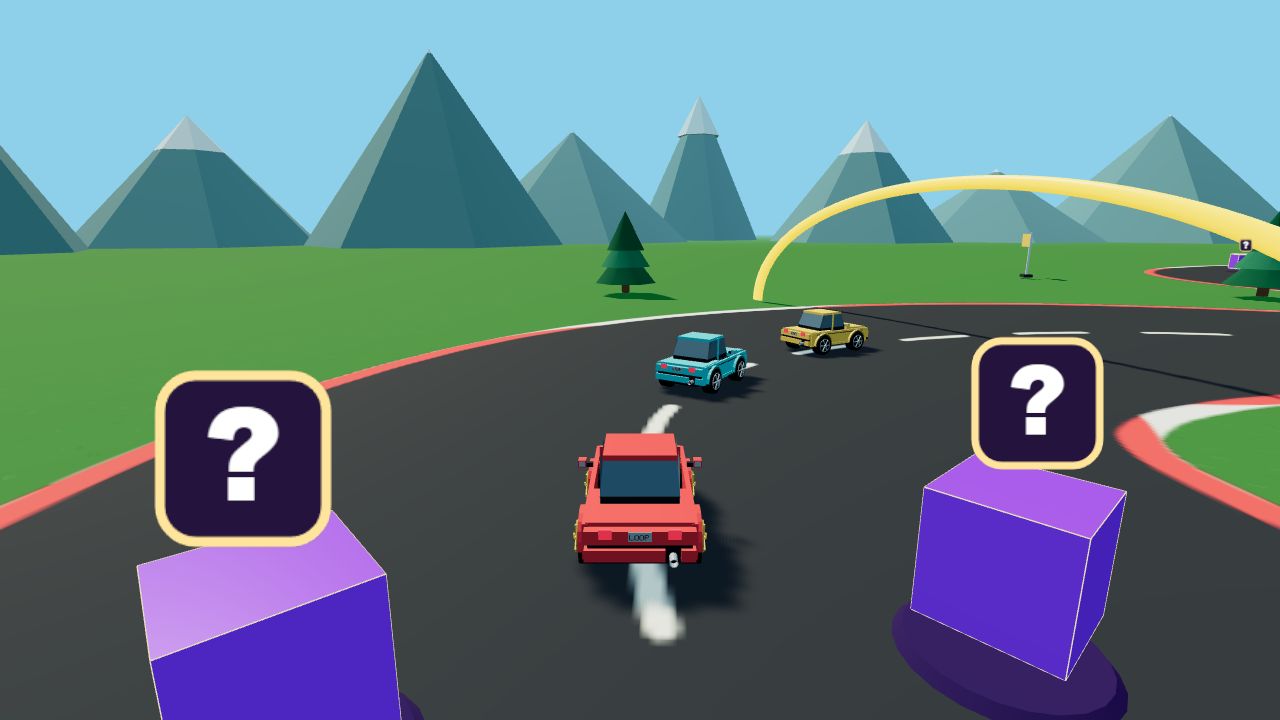 Eifel-Kurs in der 3D-Rennansicht mit Itemboxen und Checkpoint-Halbring